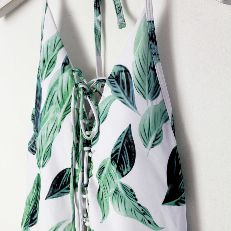 Leaves Print Lace Up One Piece Bikini Set - worthtryit.com