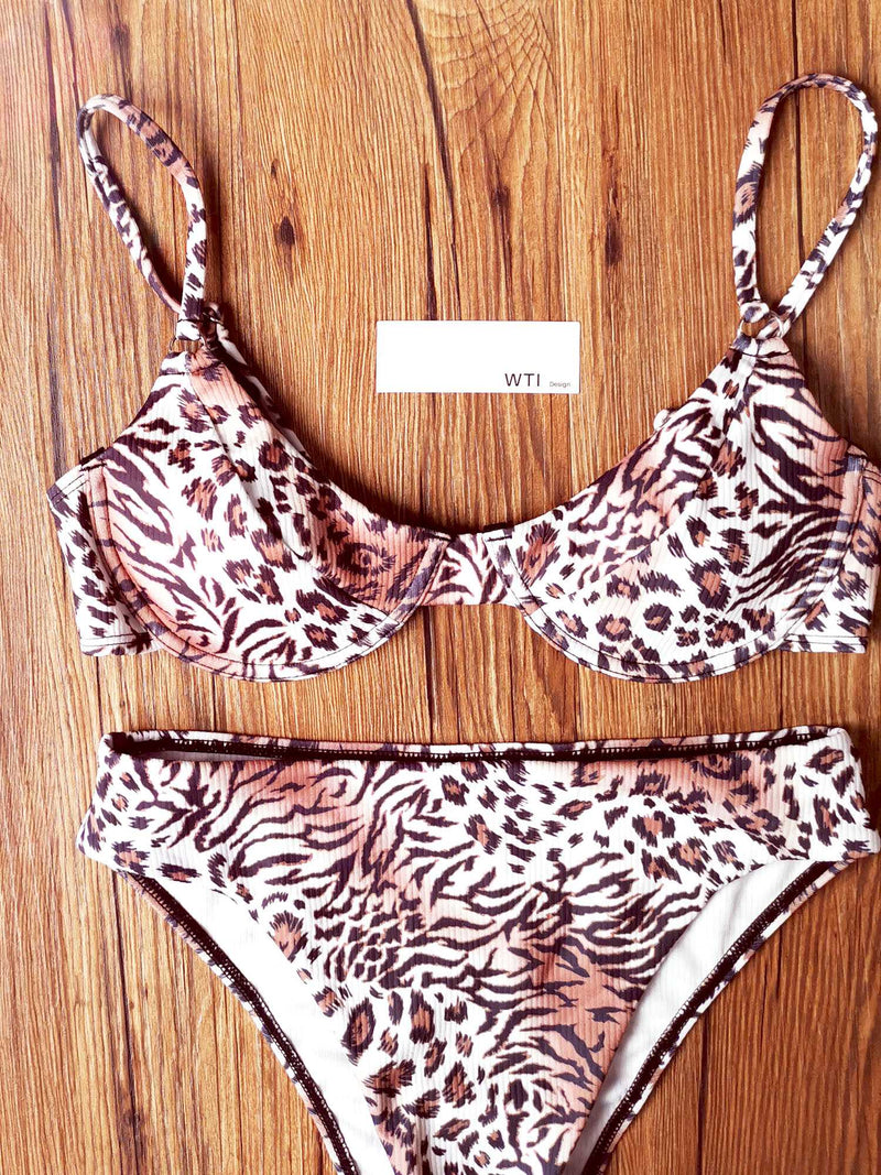Tiger Animal Ribbed Underwire High Waist Bikini Swimsuit - worthtryit.com