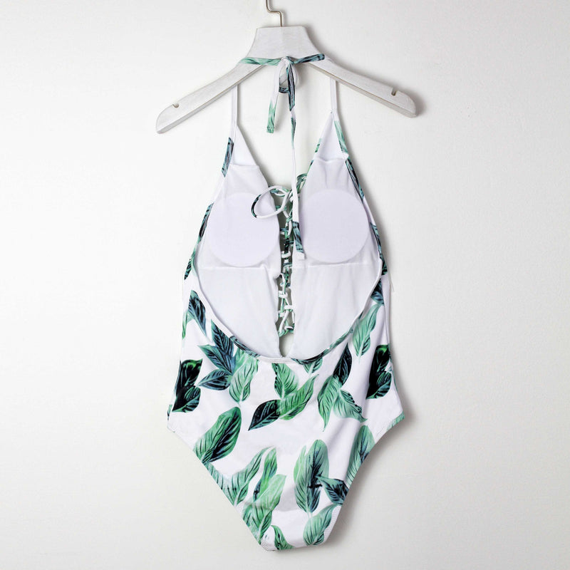 Leaves Print Lace Up One Piece Bikini Set - worthtryit.com