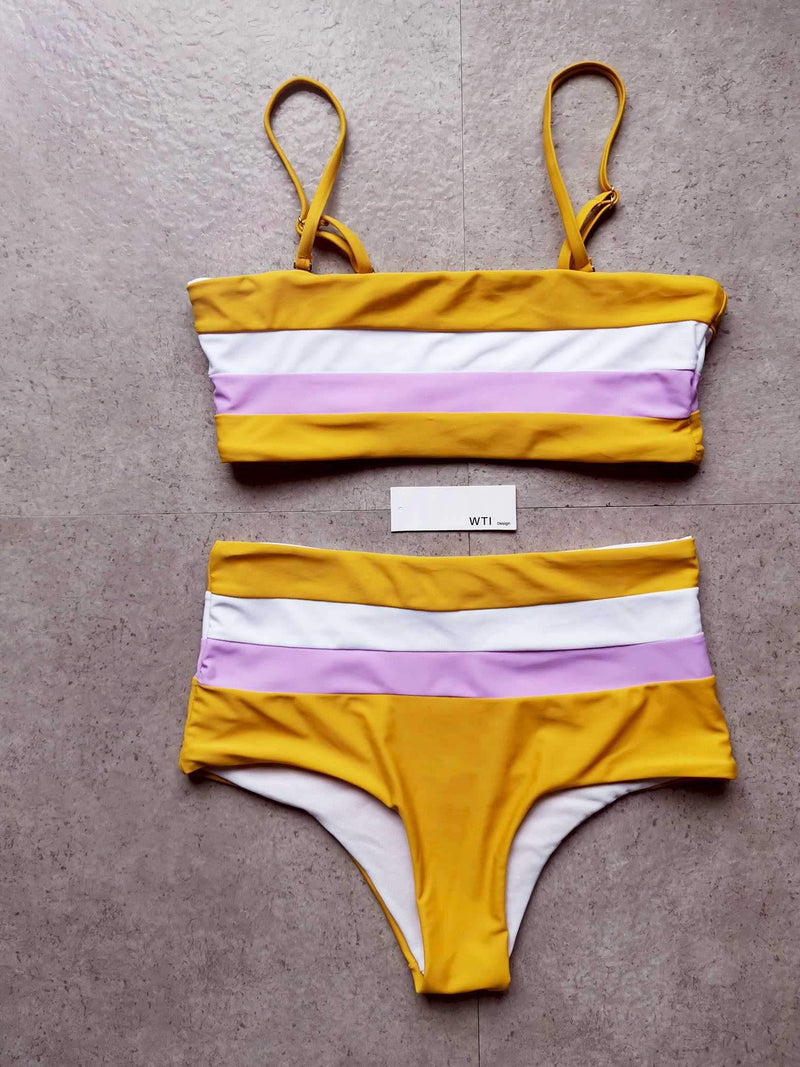 Color Block Strappy High Waisted Crop Top Bikini Set - worthtryit.com