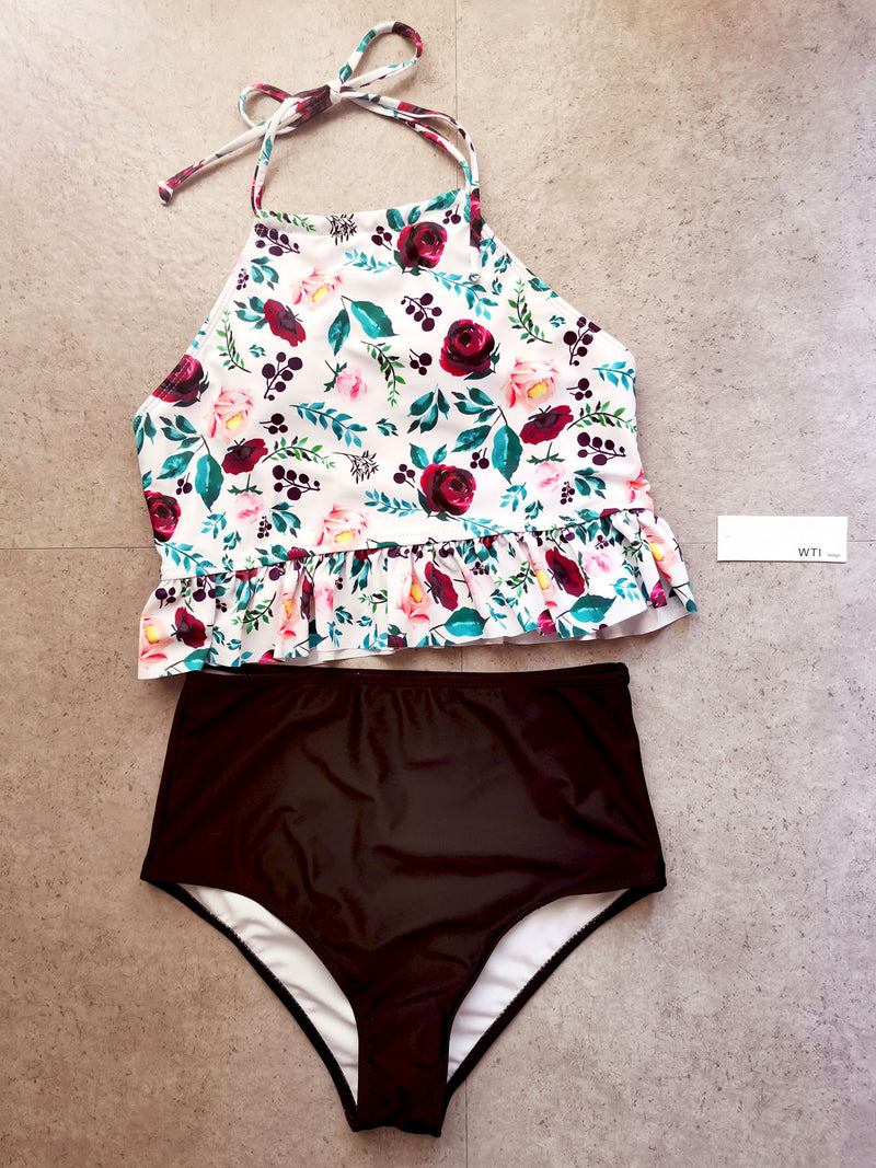 Floral Print Ruffle Hems High Neck Two Piece Bikini Set - worthtryit.com