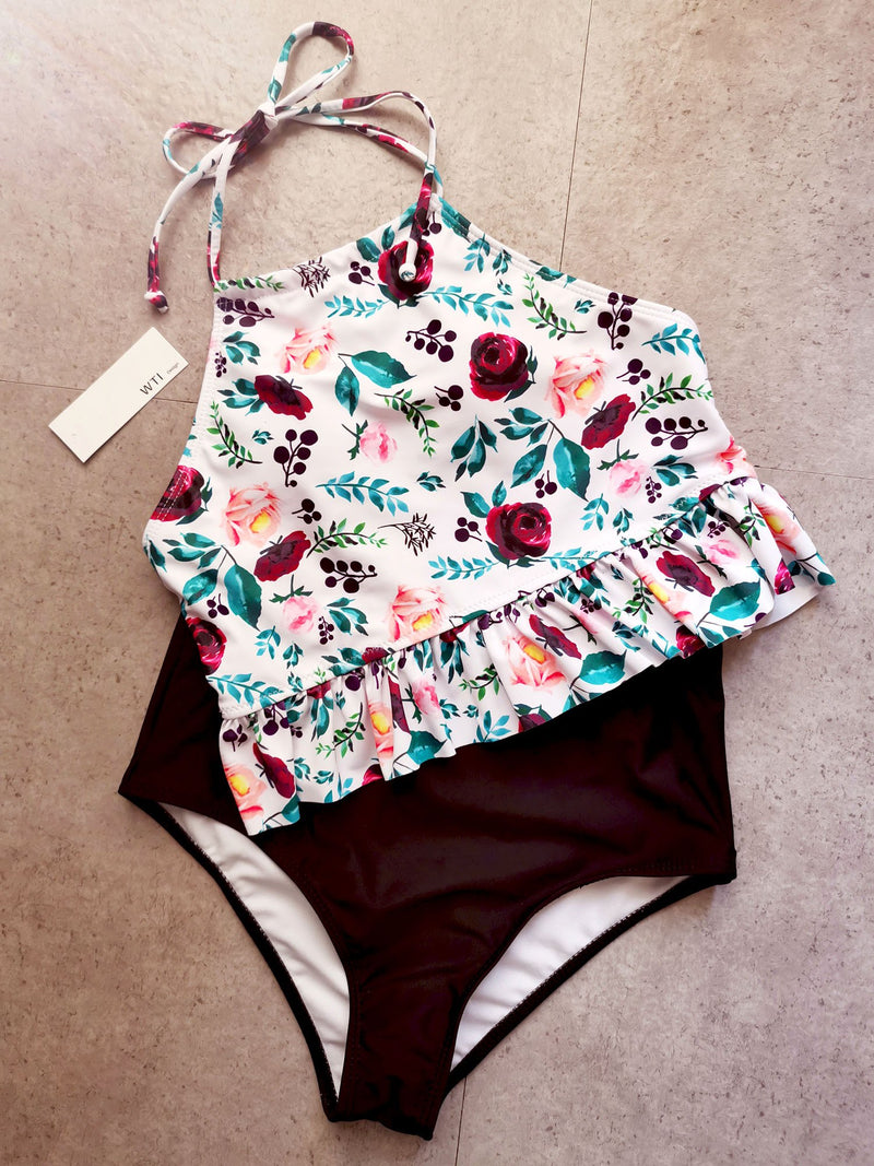 Floral Print Ruffle Hems High Neck Two Piece Bikini Set - worthtryit.com