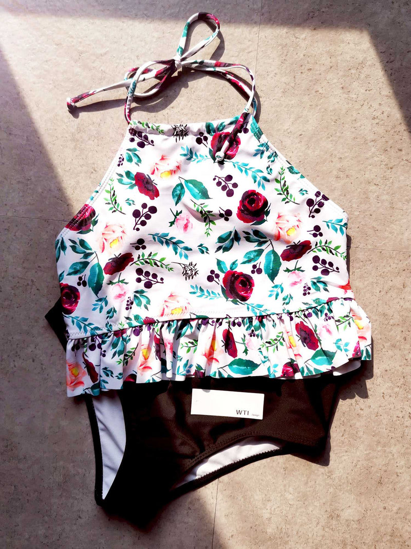 Floral Print Ruffle Hems High Neck Two Piece Bikini Set - worthtryit.com