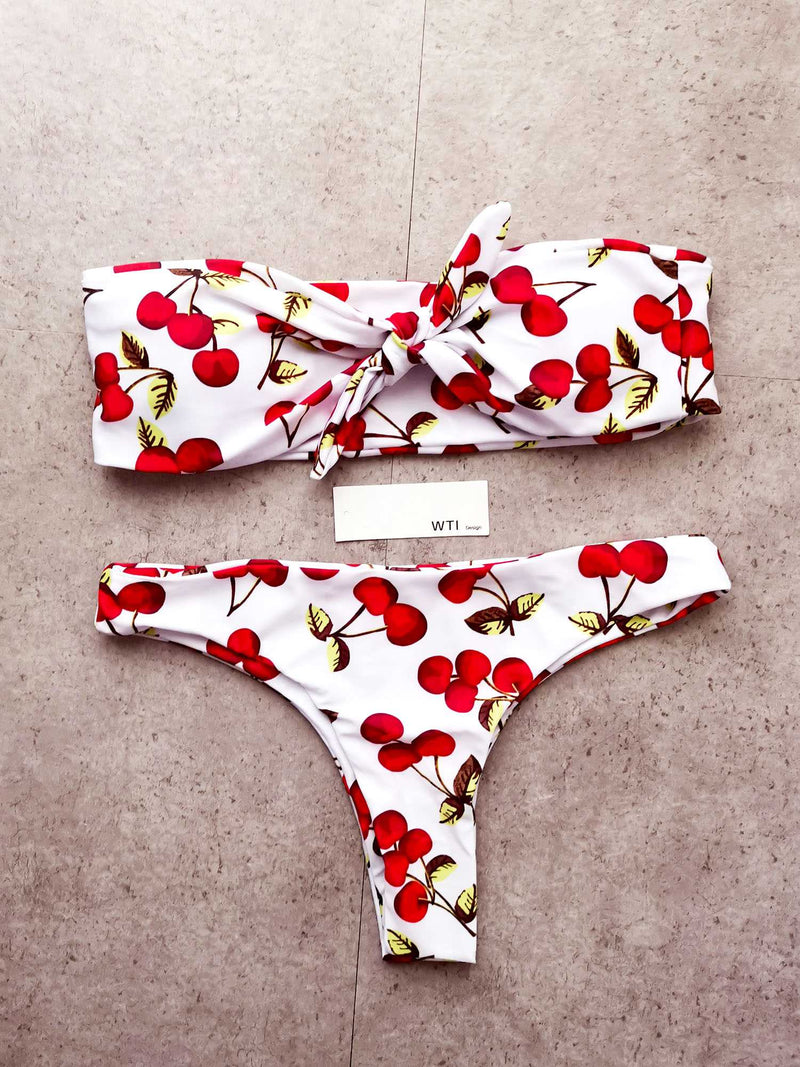 Cute Cherry Front Tie Up Bandeaux Bikini Set - worthtryit.com