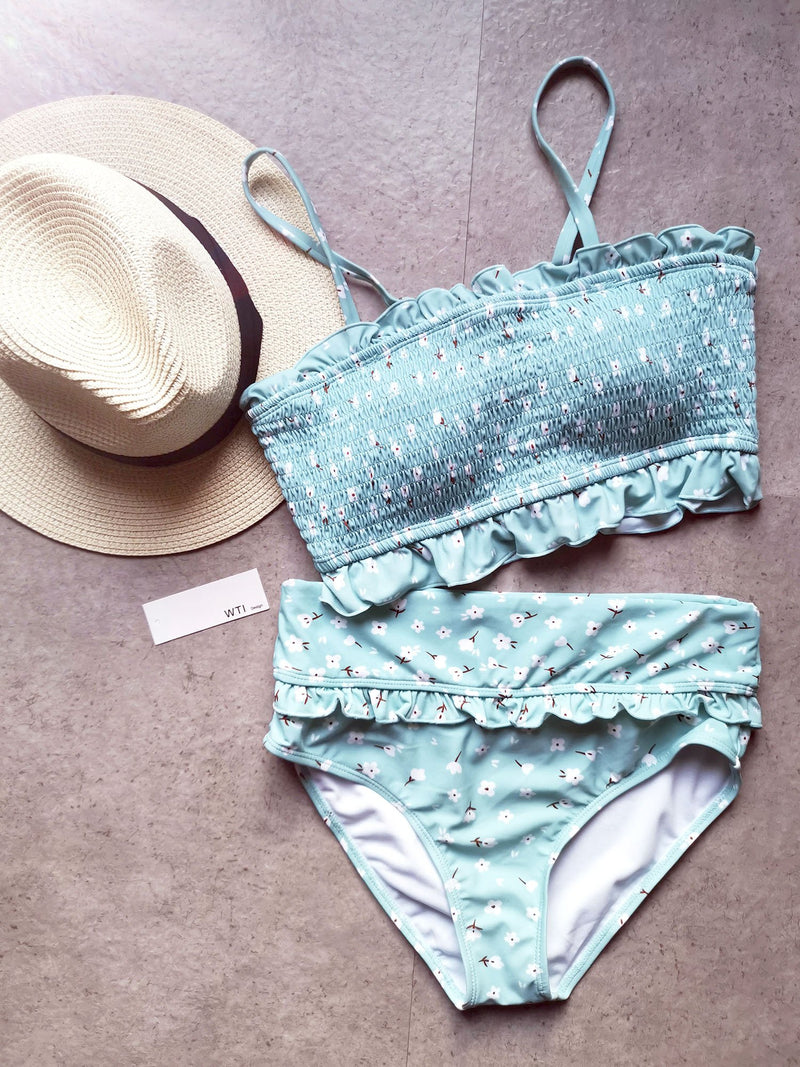 Ruffle Hem Scrunched High Waisted Bandeaux Bikini Set - worthtryit.com