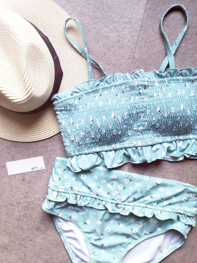 Ruffle Hem Scrunched High Waisted Bandeaux Bikini Set - worthtryit.com
