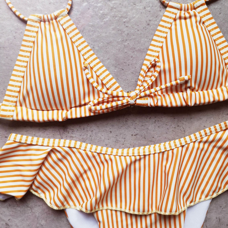 Yellow Stripes Ruffle Waisted Triangle Bikini Swimsuit - worthtryit.com