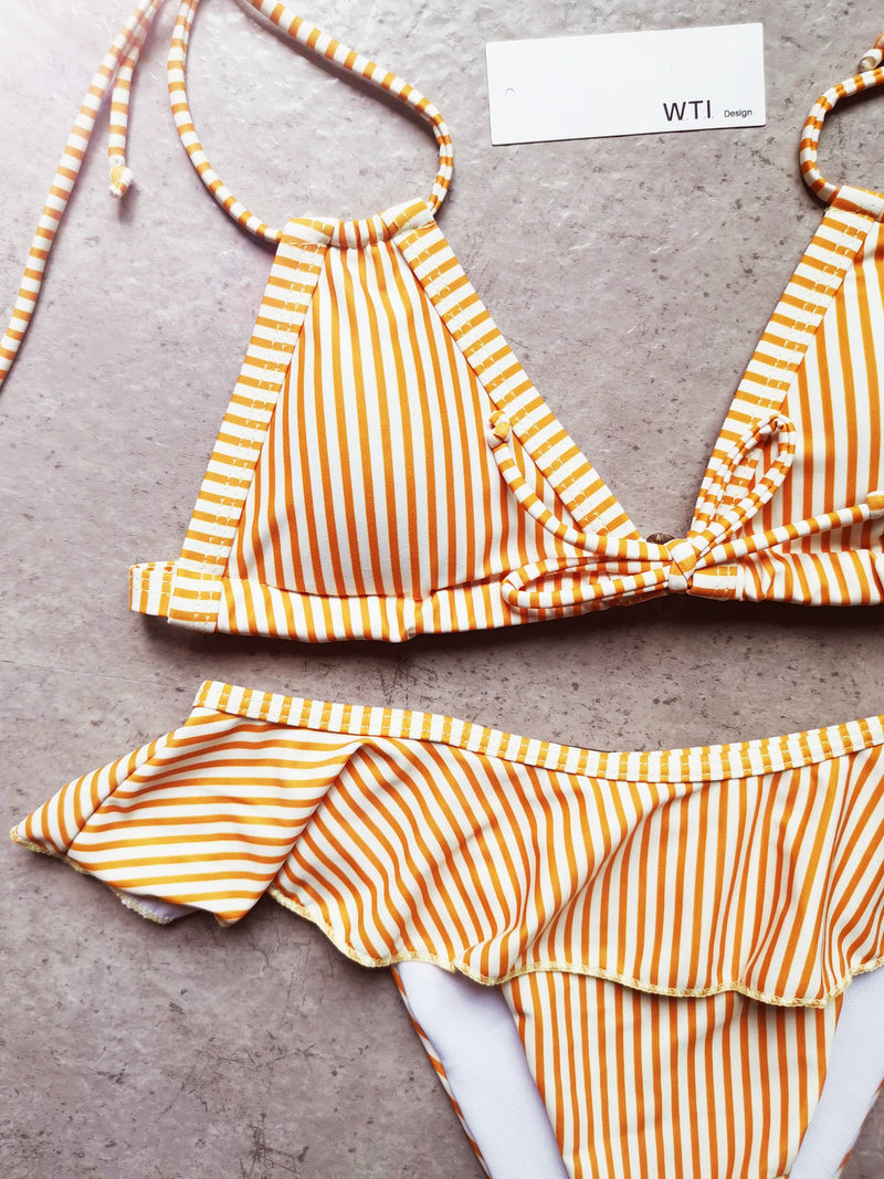 Yellow Stripes Ruffle Waisted Triangle Bikini Swimsuit - worthtryit.com
