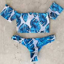 Scrunch Leaves Print Off Shoulder Crop Top Bikini Set - worthtryit.com
