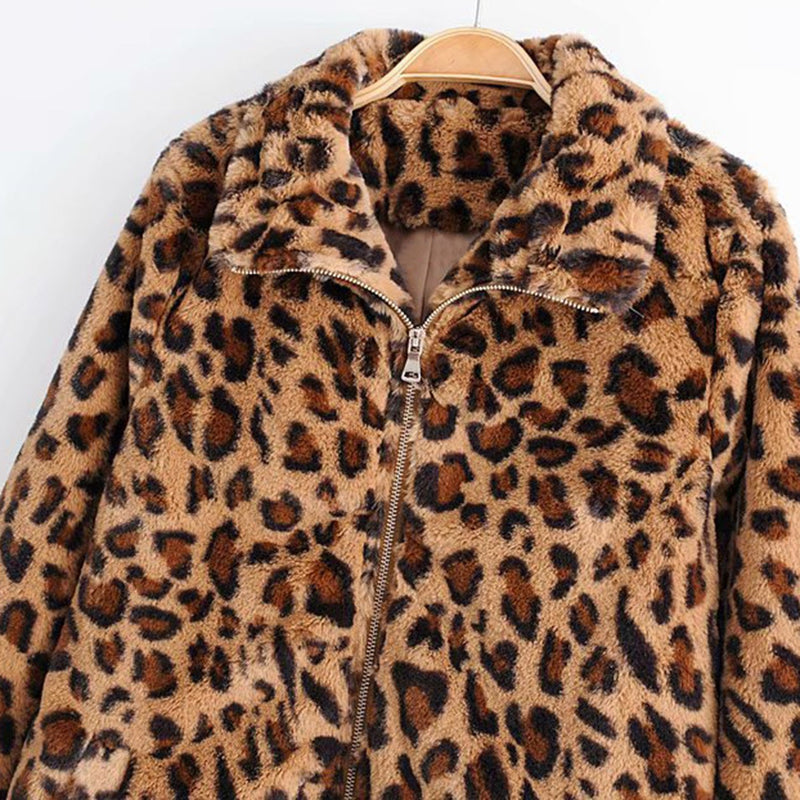 Leopard Teddy Sweater Faux Fur Jacket