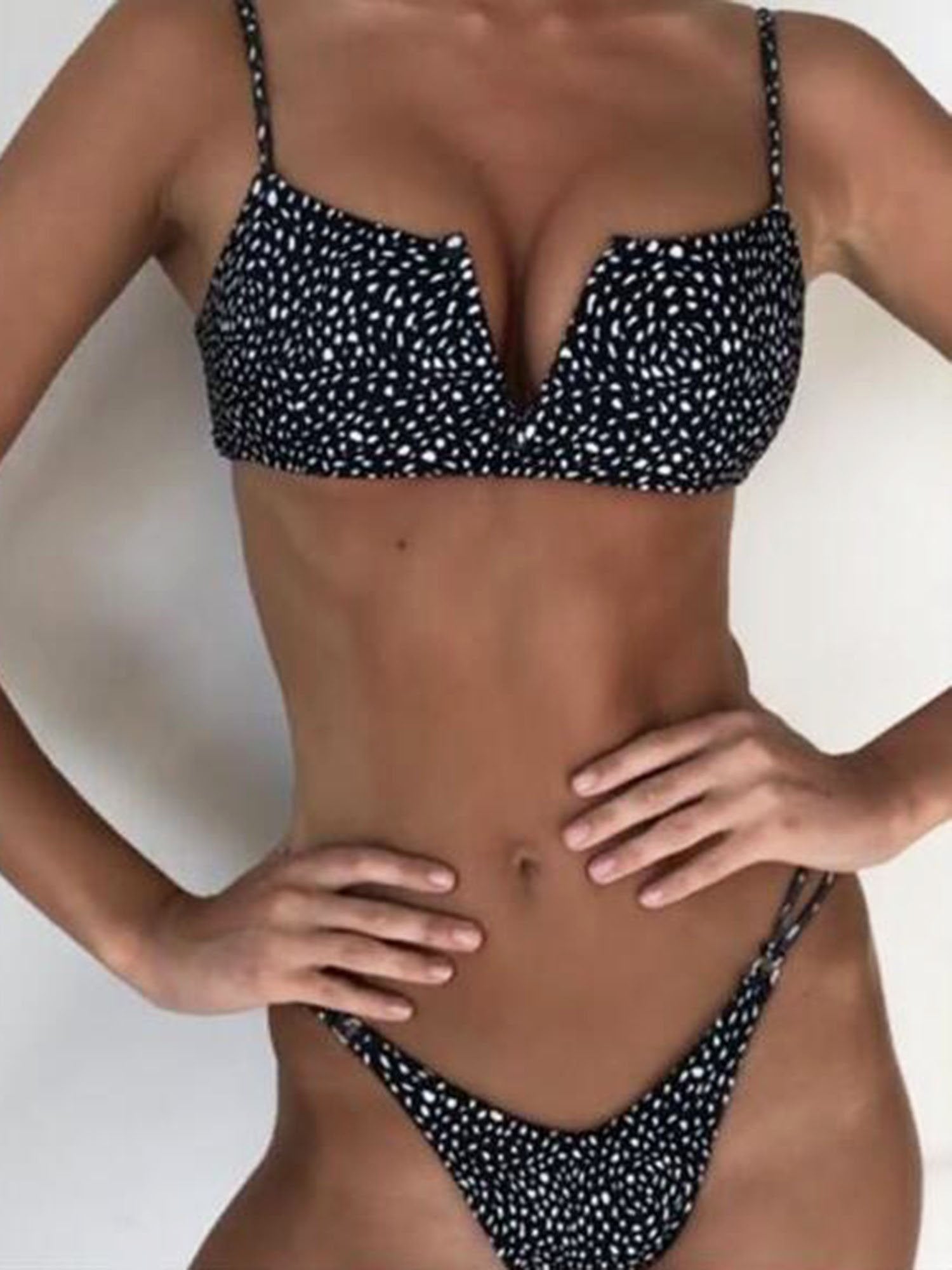 Ribbed V Neck Crop Top High Rise Bikini Swimsuit - worthtryit.com