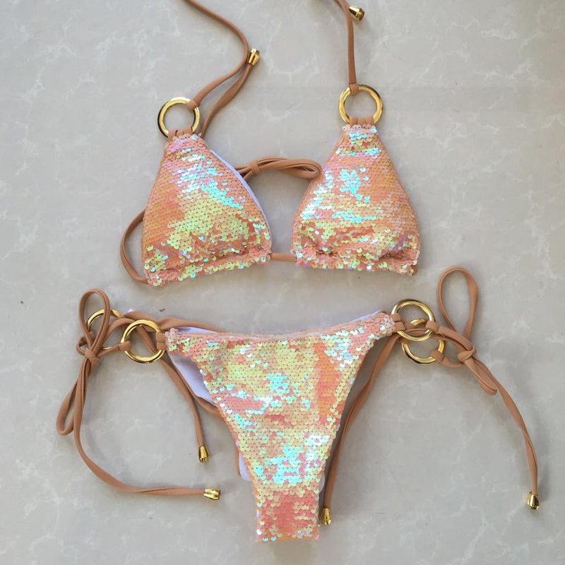 Sexy Sequin Metallic Ring Decor Halter Bikini Set - worthtryit.com