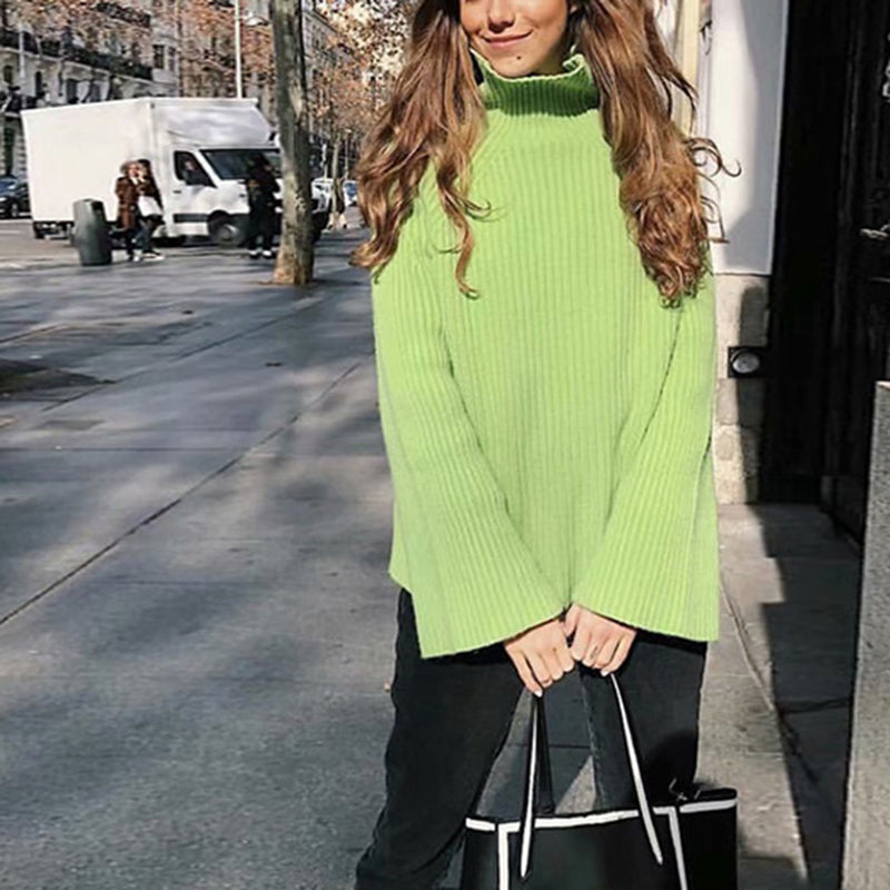 Oversize High Neck Flare Sleeves Knit Sweater - Green