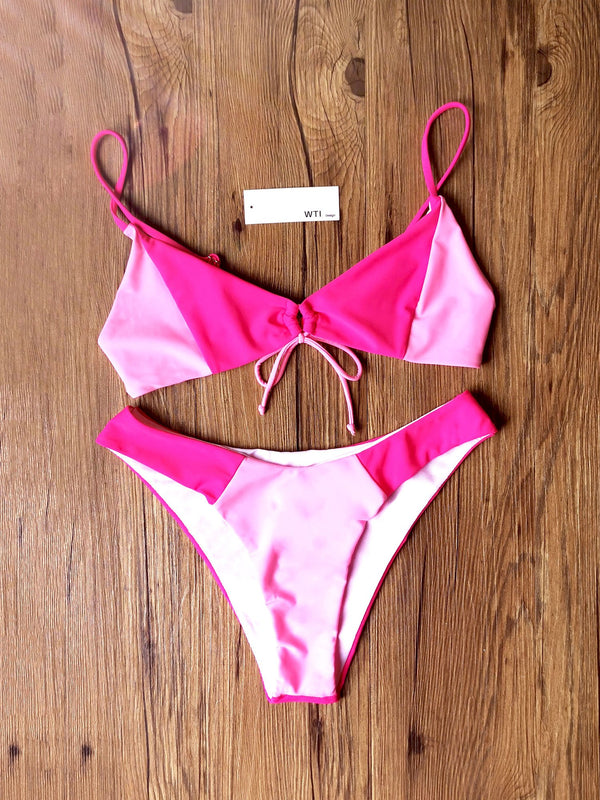 Color Block Front Tie Triangle Bikini Swimsuit