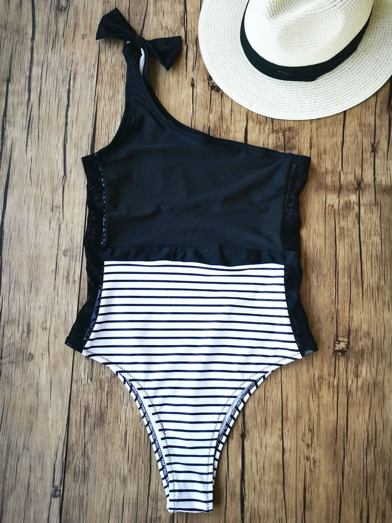 One Shoulder Lace Block One Piece Swimsuit- Black & White - worthtryit.com