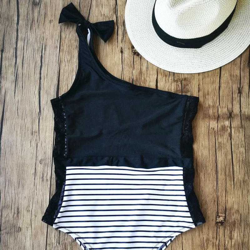 One Shoulder Lace Block One Piece Swimsuit- Black & White - worthtryit.com