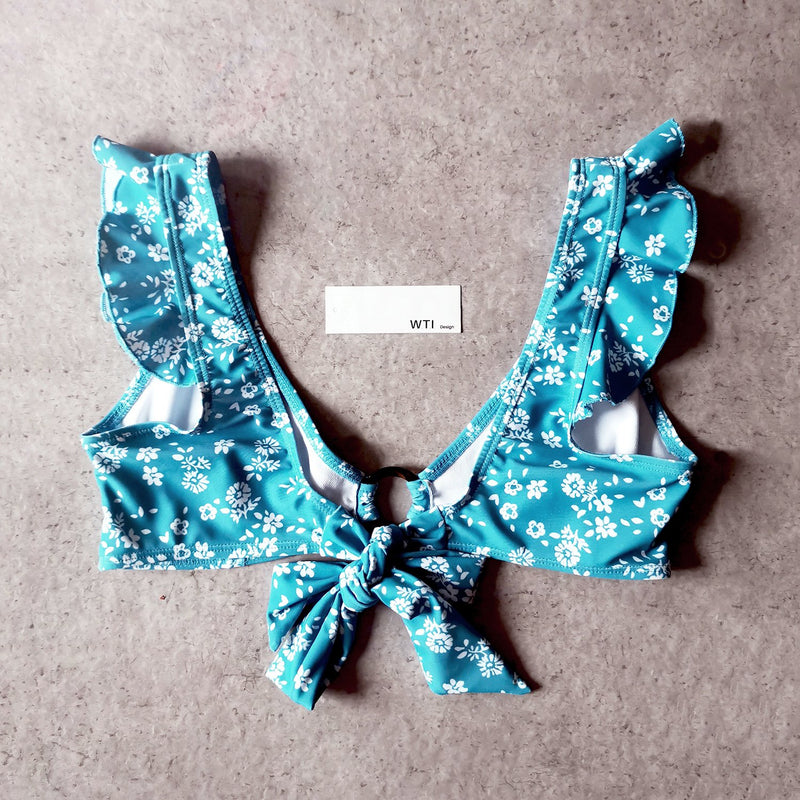 Floral Ruffle Shoulder Bikini With Ring