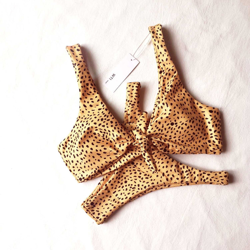 Ribbed Leopard Print Knot Front Tie Up Bikini Set - worthtryit.com