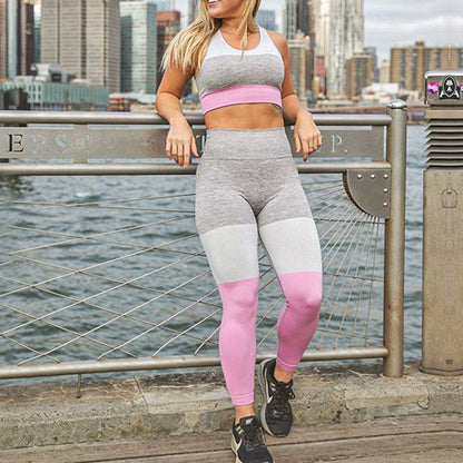 Color Block Crop Top 2 Piece Yoga Sports Fitness Suit