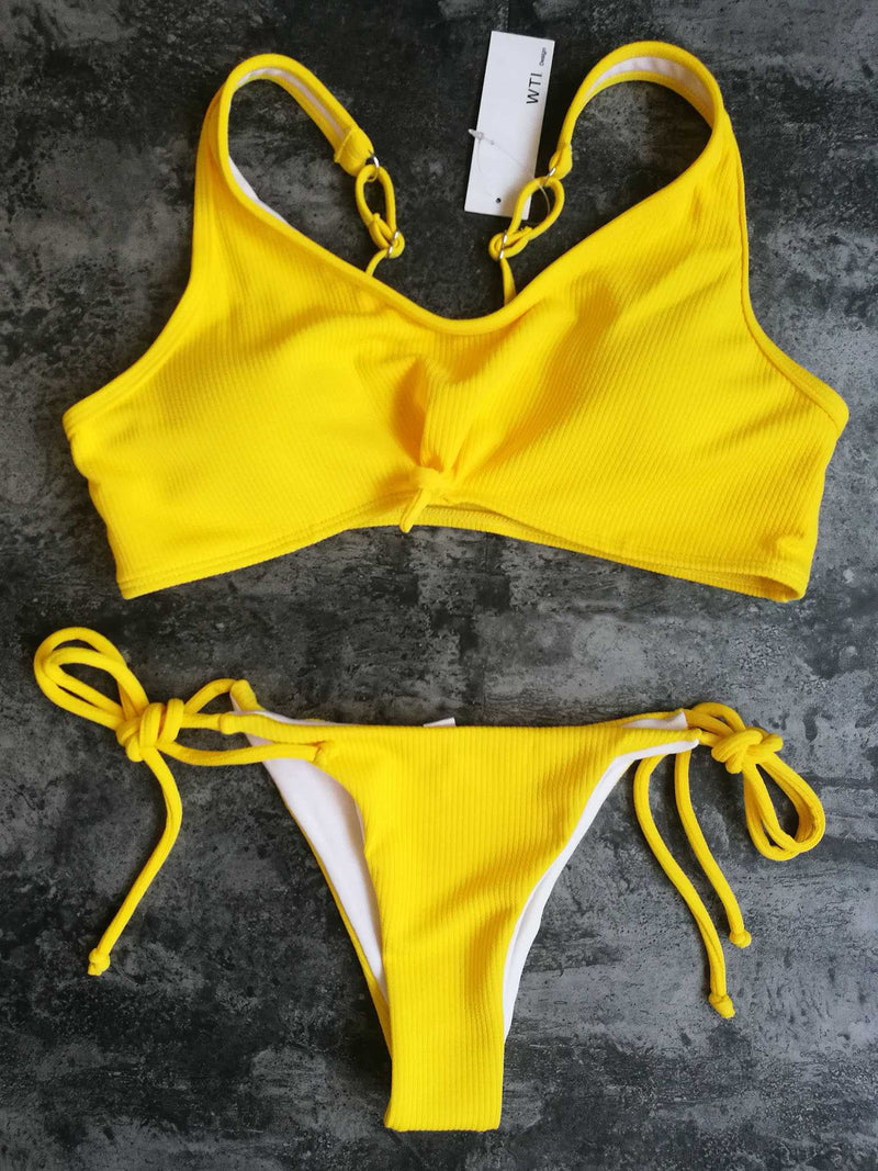 Sporty Ribbed Tie Knot Front High Cut Bikini Set - worthtryit.com