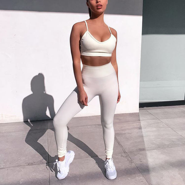 Solid Color Seamless Strappy Sport Top & High Waist Leggings