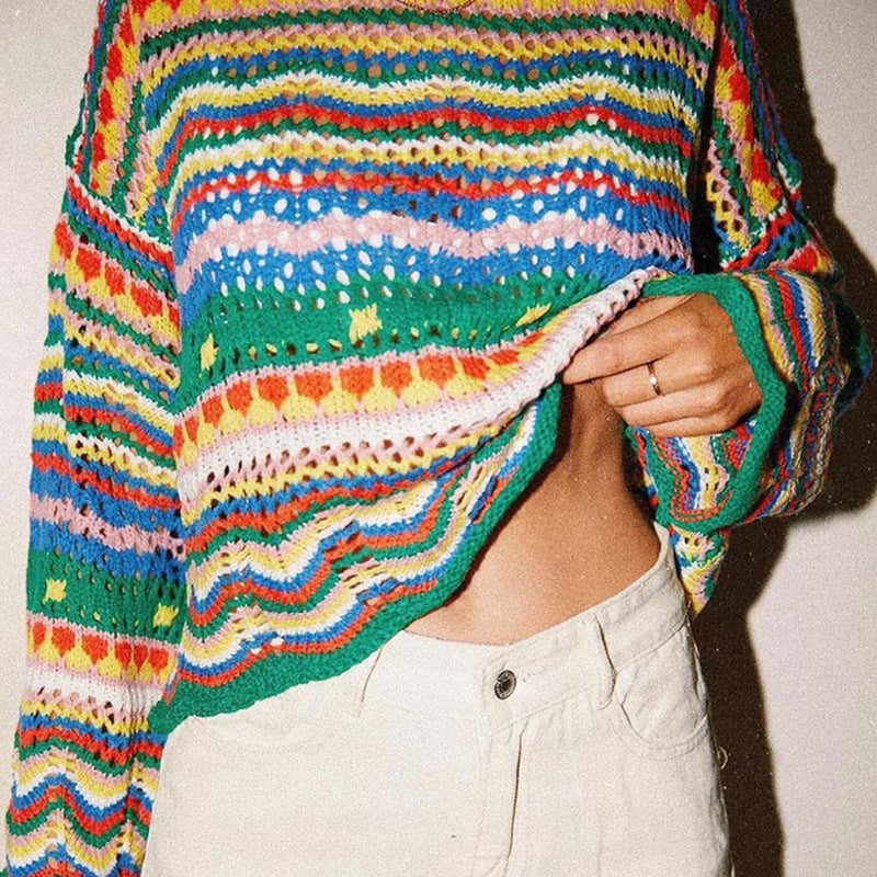 Rainbow Knit Flare Sleeves Pullover