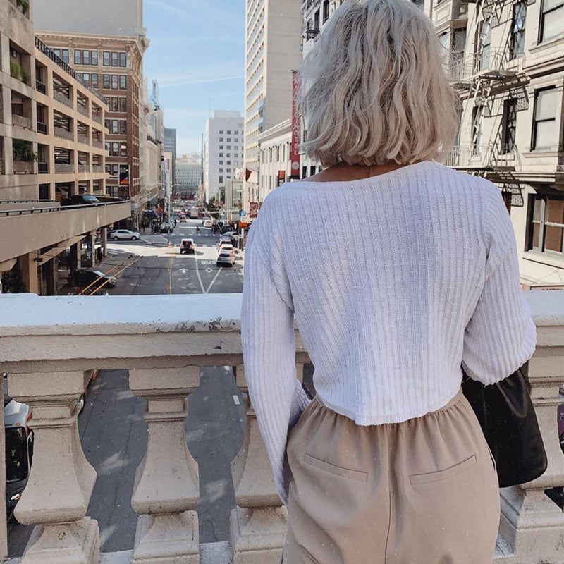 Rib Knit Shirring Front Crop Sweater