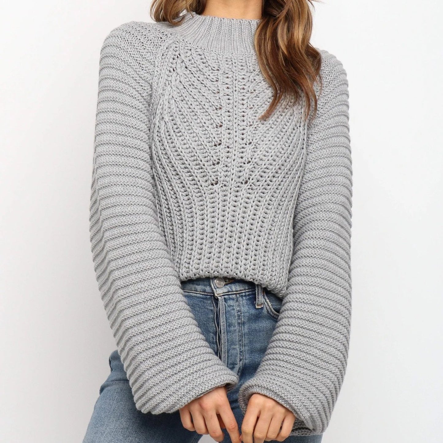 Round Neck Puffer Shoulder Knit Sweater