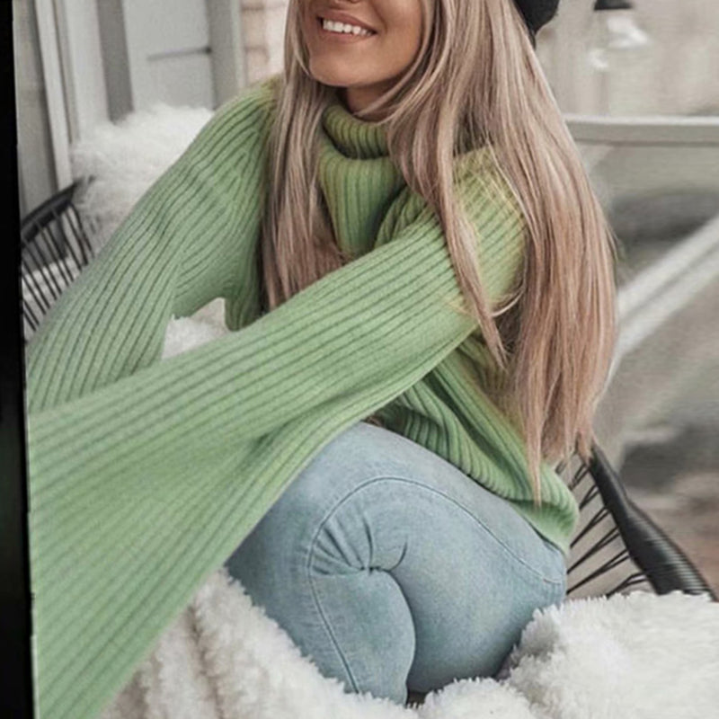 Oversize High Neck Flare Sleeves Knit Sweater - Green