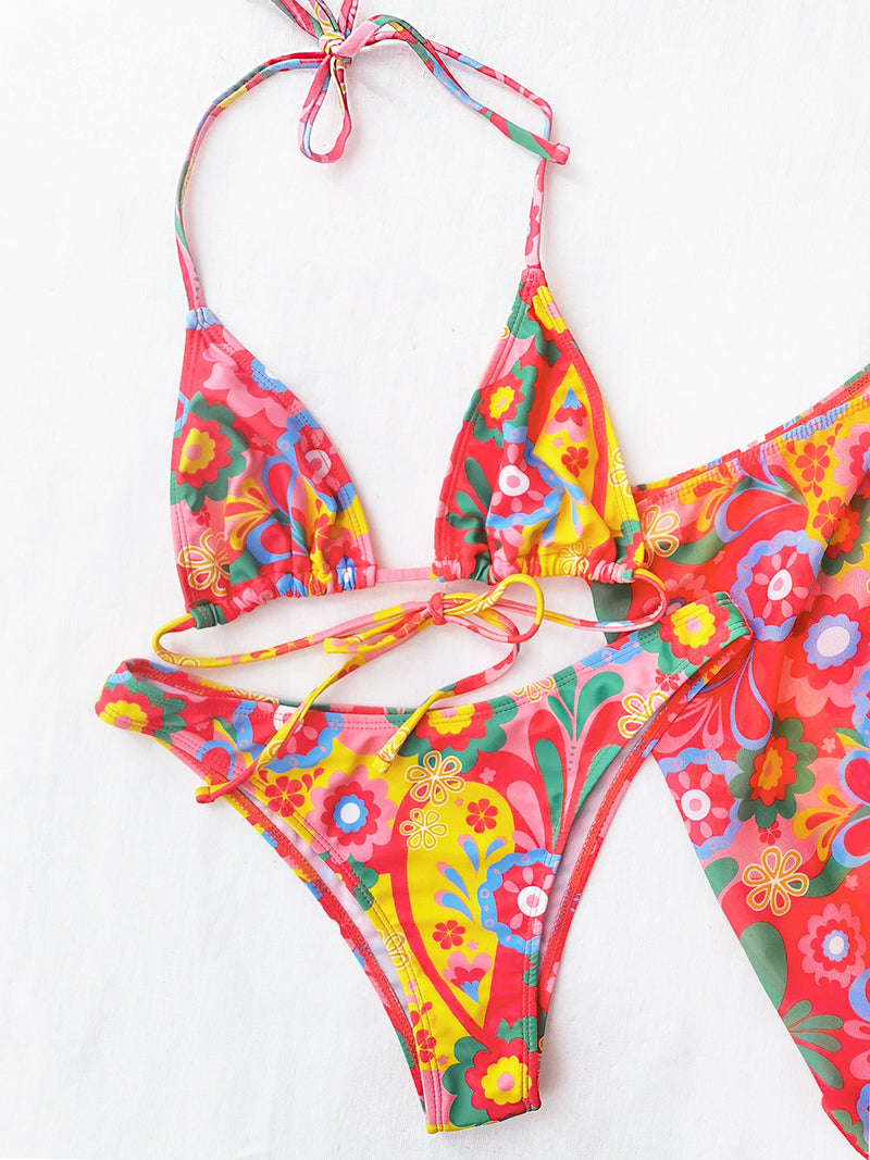 Abstract Floral Triangle Bikini With Mini Skirt