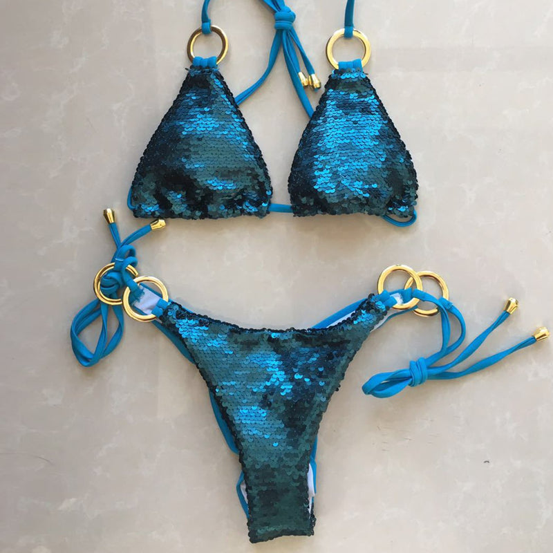 Sexy Sequin Metallic Ring Decor Halter Bikini Set - worthtryit.com