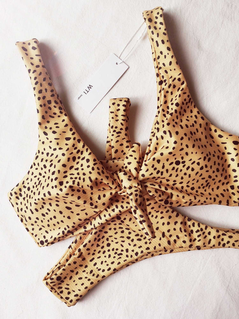 Ribbed Leopard Print Knot Front Tie Up Bikini Set - worthtryit.com
