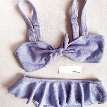 Textured Front Bow Tie Ruffle Waist Crop Top Bikini Swimsuit