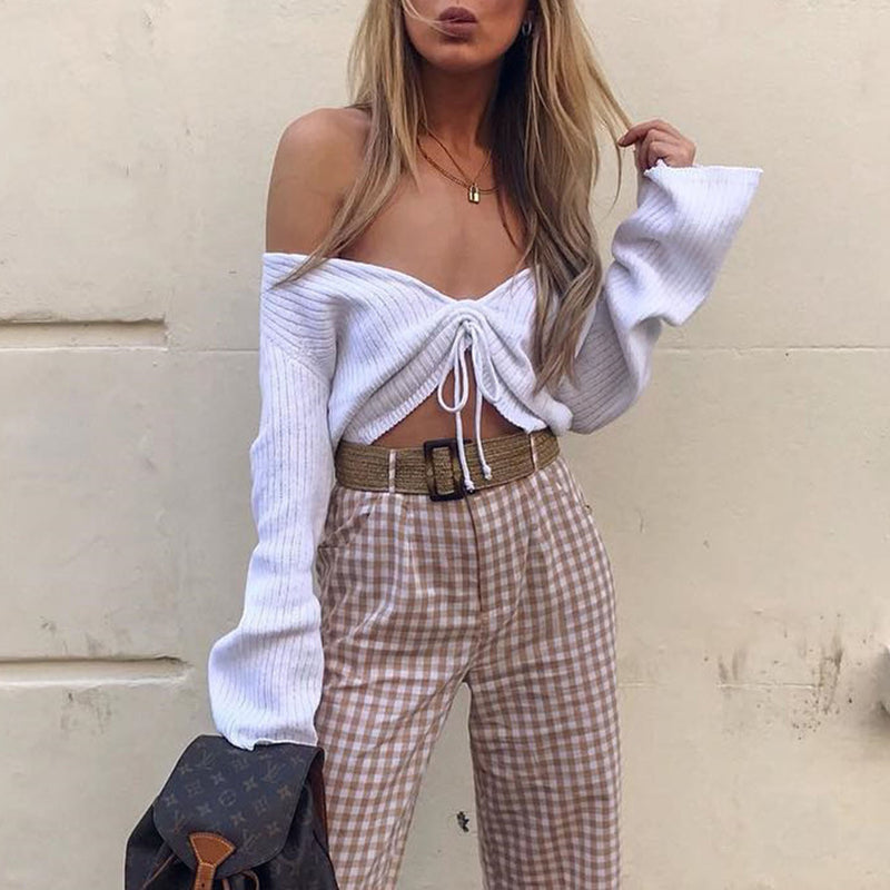 Rib Knit Shirring Front Crop Sweater
