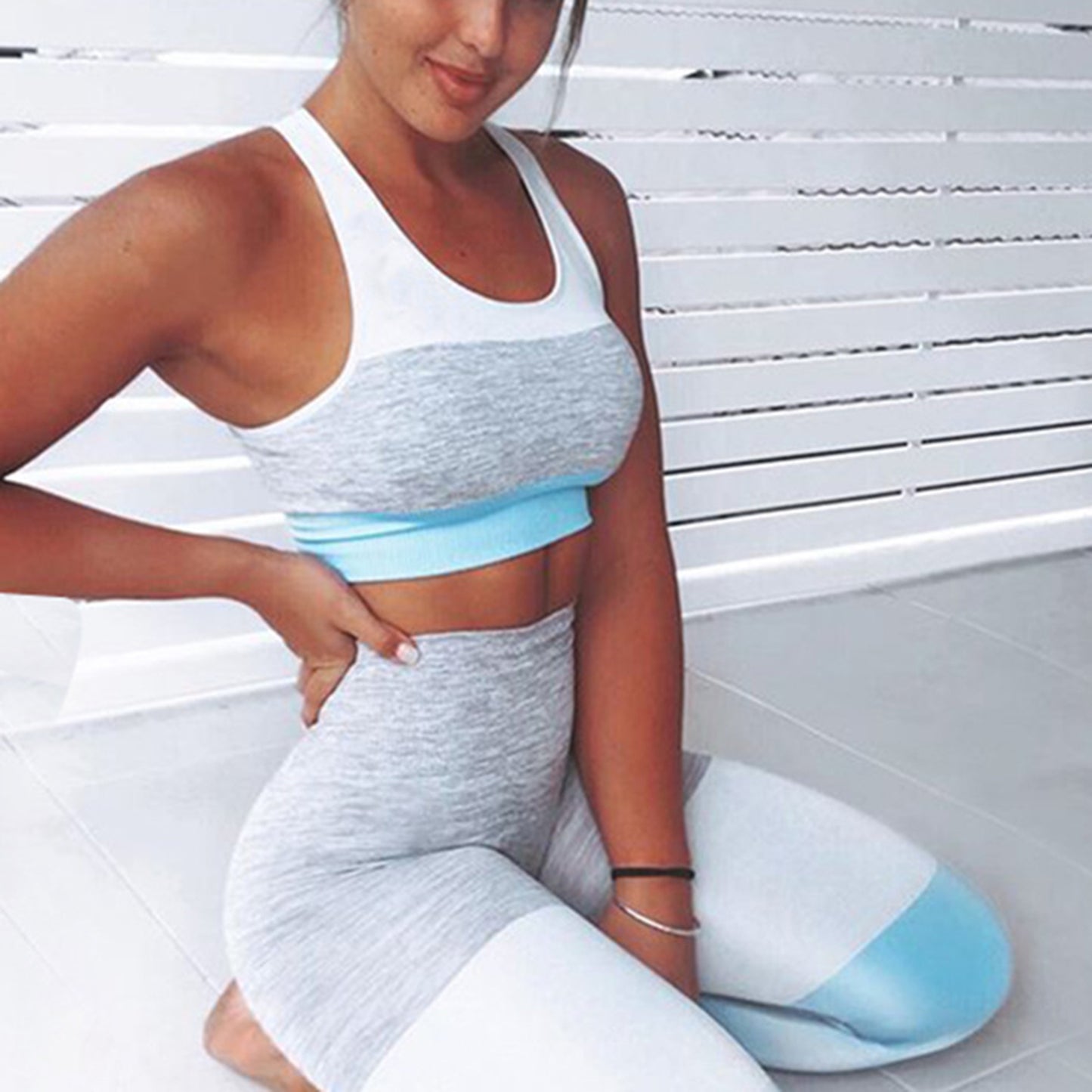 Color Block Crop Top 2 Piece Yoga Sports Fitness Suit