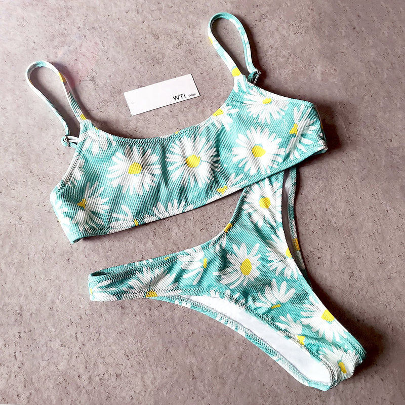 Ribbed Floral Crop Top Bikini Swimsuit