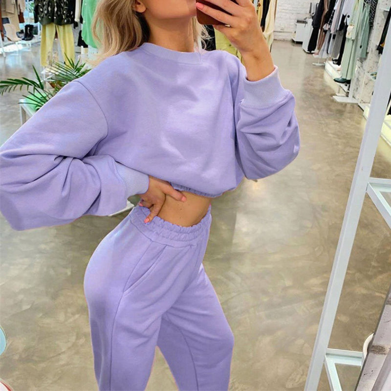 Round Neck Crop Short Sweatshirt Suit-Lavender – W.T.I. Design