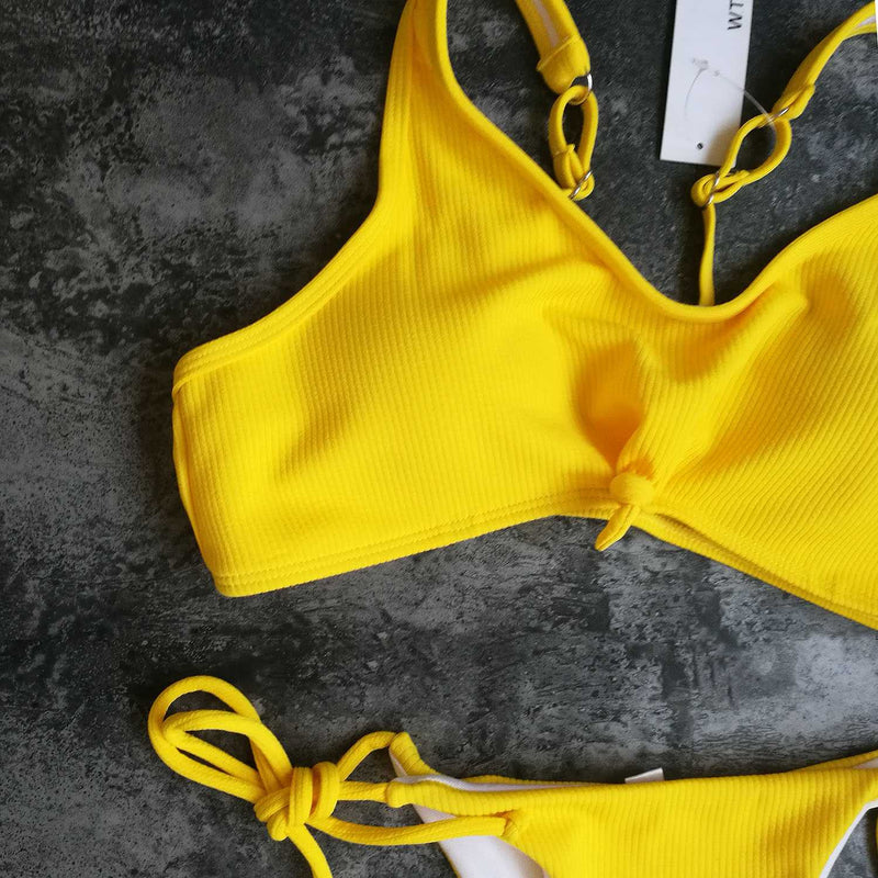 Sporty Ribbed Tie Knot Front High Cut Bikini Set - worthtryit.com