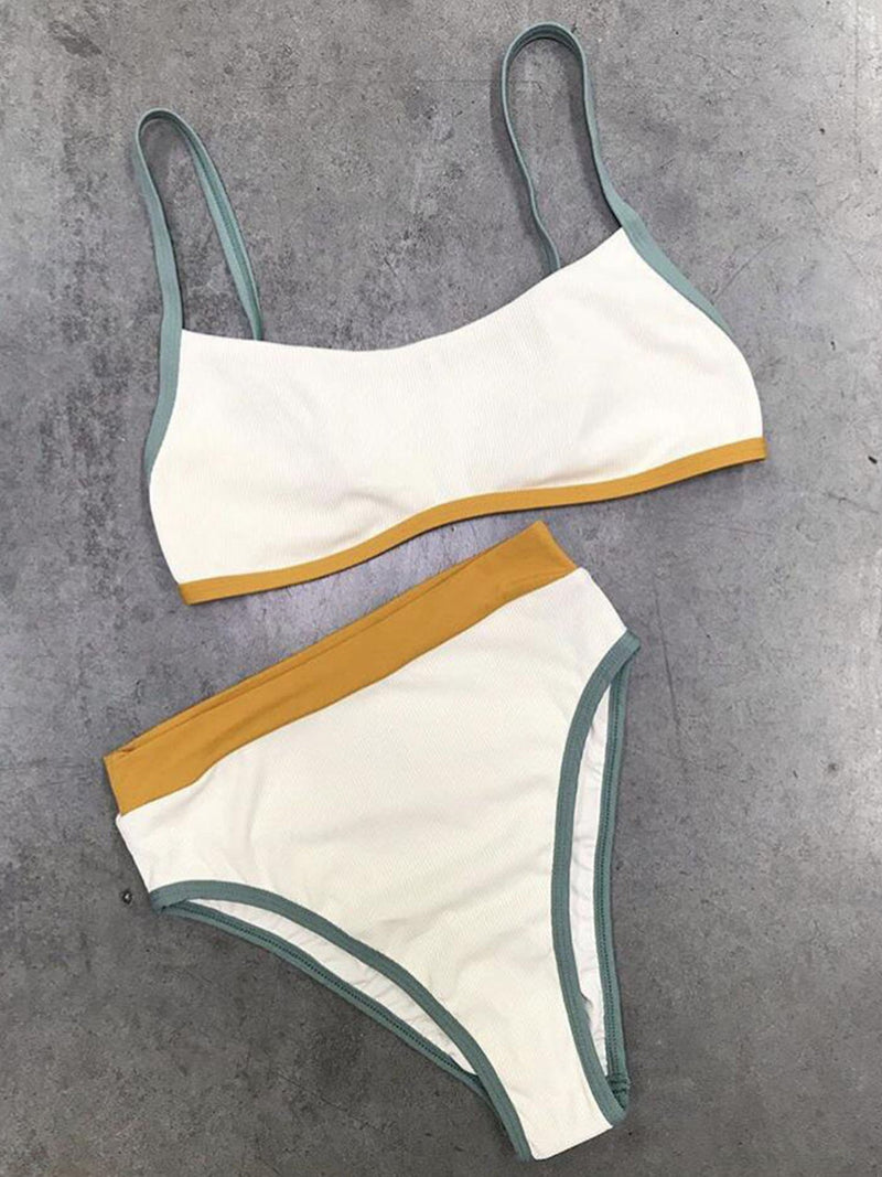 Color Blocked Strappy Crop Top High Waisted Bikini Set - worthtryit.com