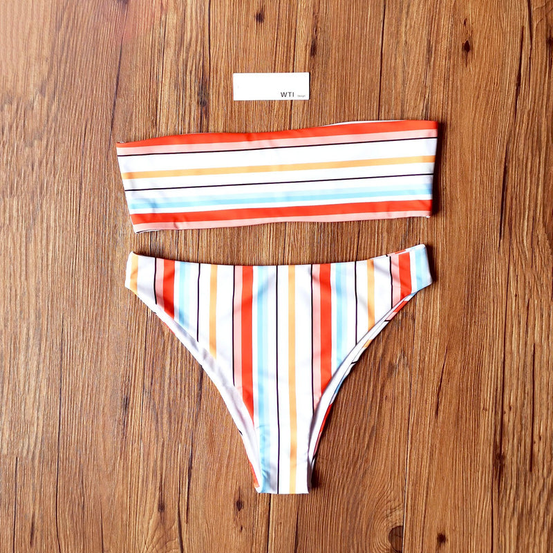 Rainbow Stripes High Waist Bandeaux Bikini Swimsuit