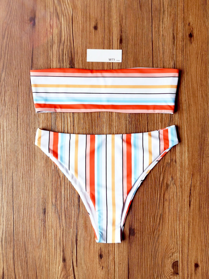 Rainbow Stripes High Waist Bandeaux Bikini Swimsuit