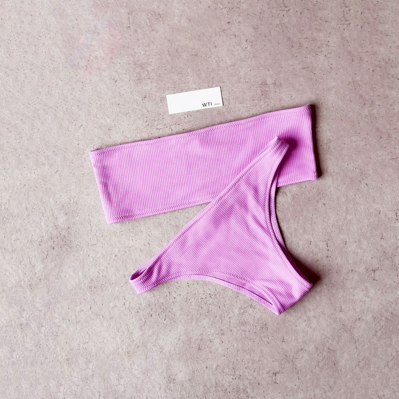 Solid Color Ribbed High Cut Bandeau Strapless Bikini Set - worthtryit.com