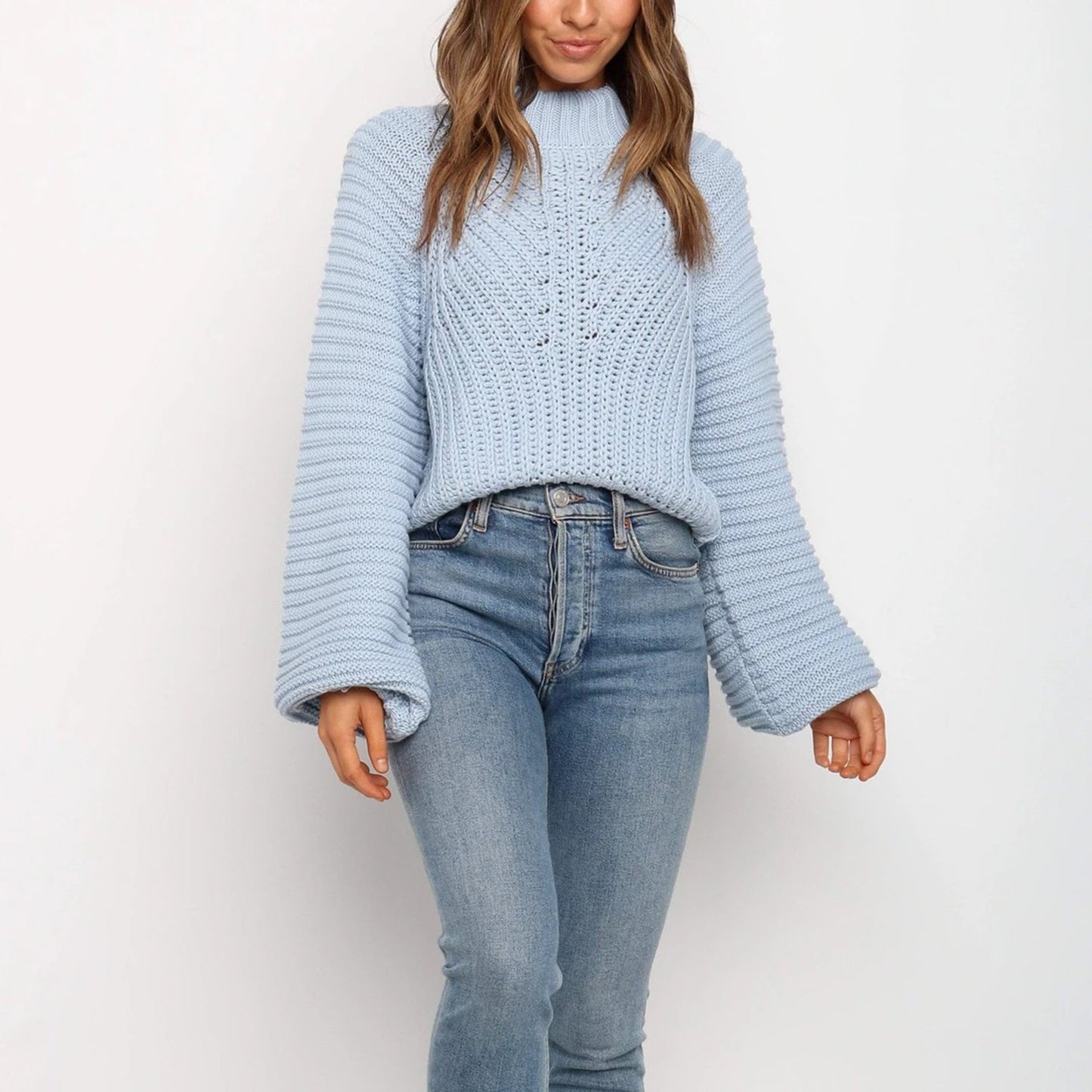 Round Neck Puffer Shoulder Knit Sweater
