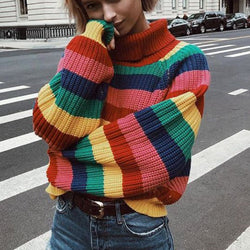 Oversize Rainbow Puff Shoulder Pullover Sweater - worthtryit.com