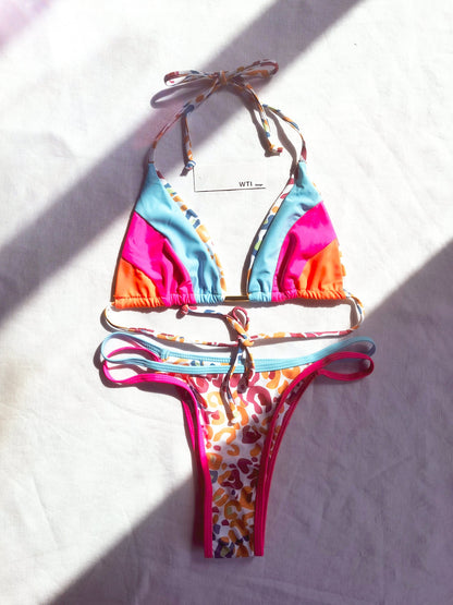 Boho Style Blocked Triangle Bikini Swimsuit