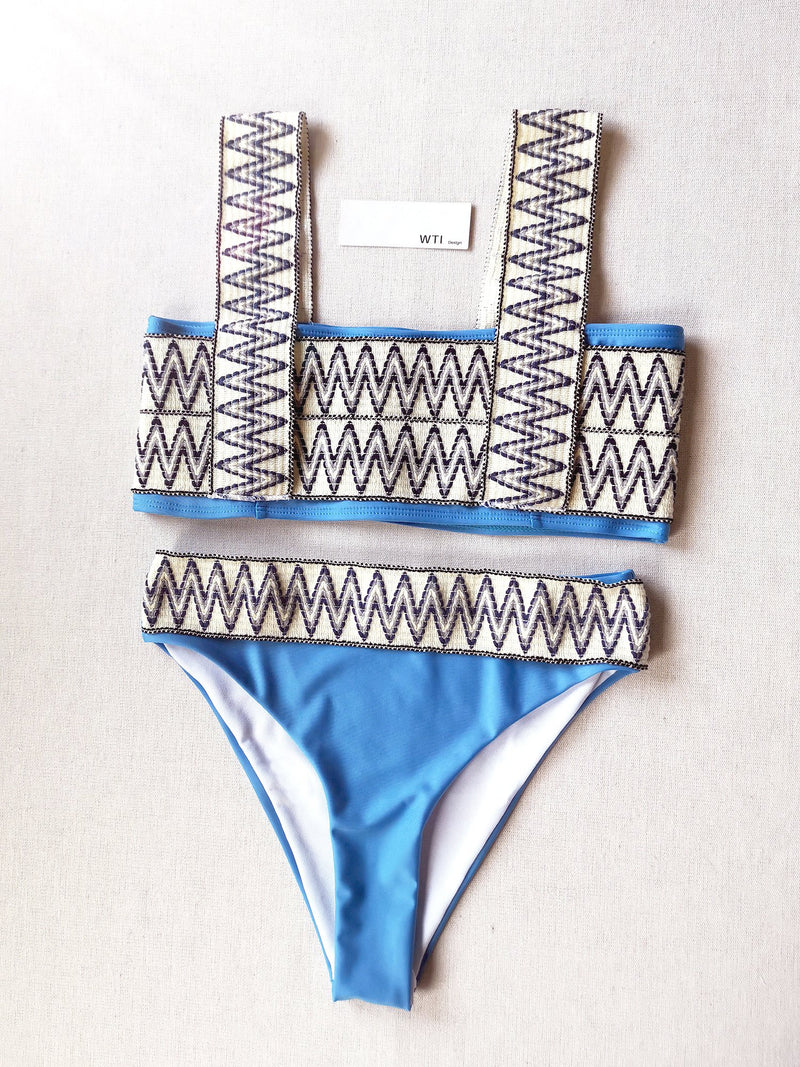 Woven Zig Zag High Waist Crop Bikini Swimsuit