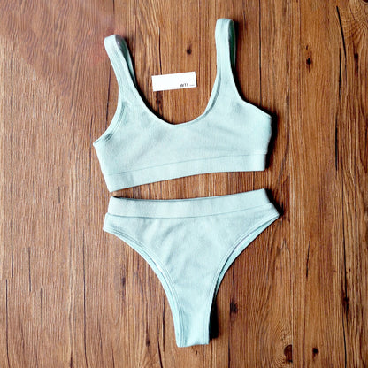 Ribbed Sporty Crop Top High Waisted Bikini Swimsuit