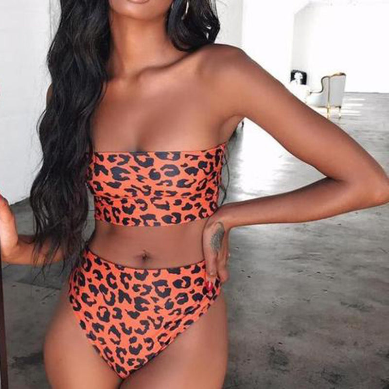 Animal Print High Waisted Bandeaux Bikini Swimsuit - worthtryit.com