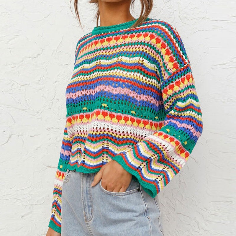 Rainbow Knit Flare Sleeves Pullover