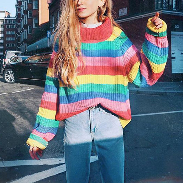 Oversize Rainbow Puff Shoulder Pullover Sweater - worthtryit.com